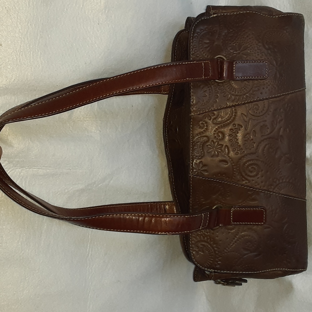 Rare vintage Fossil embossed brown leather tote